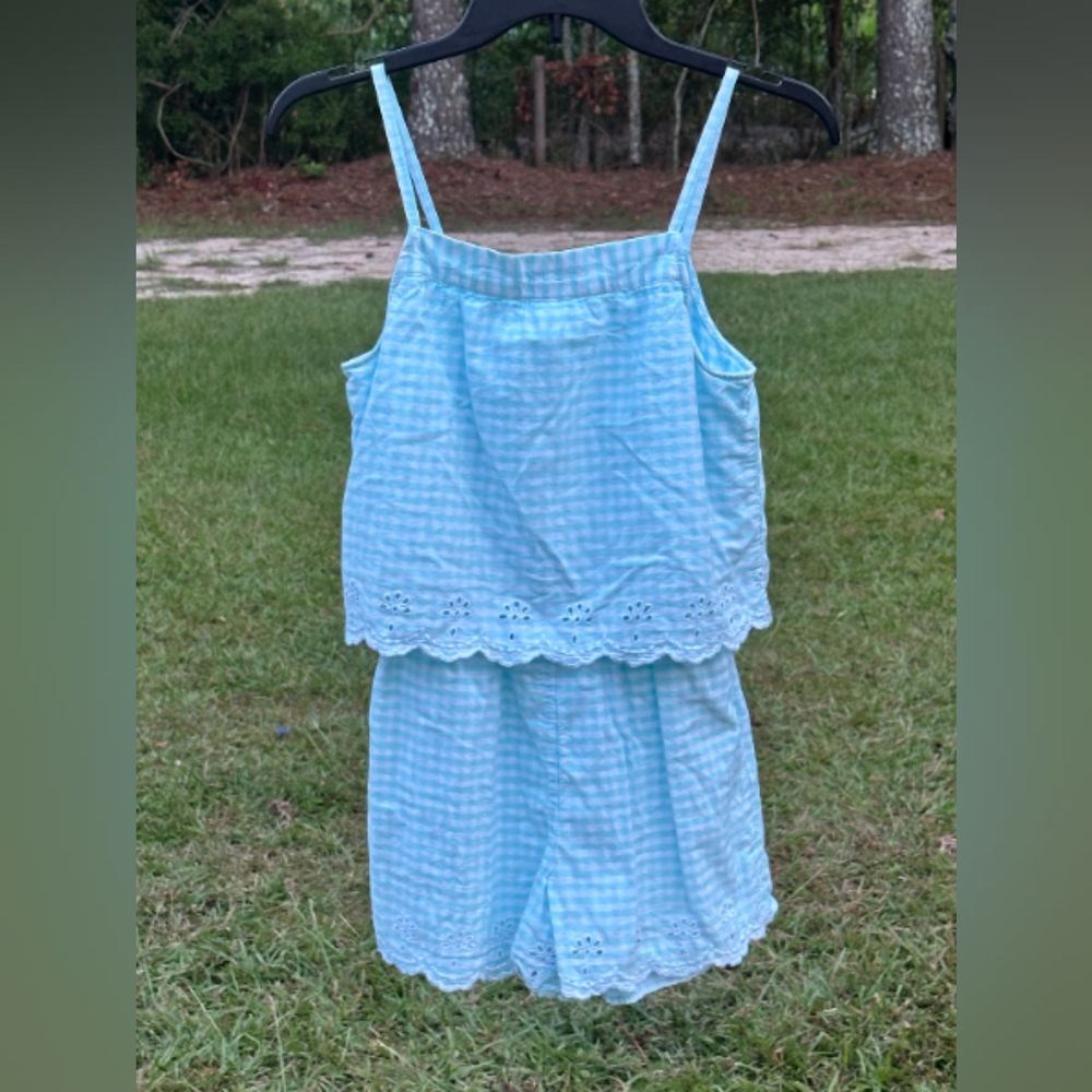 Crown & Ivy Sky Blue Gingham Romper